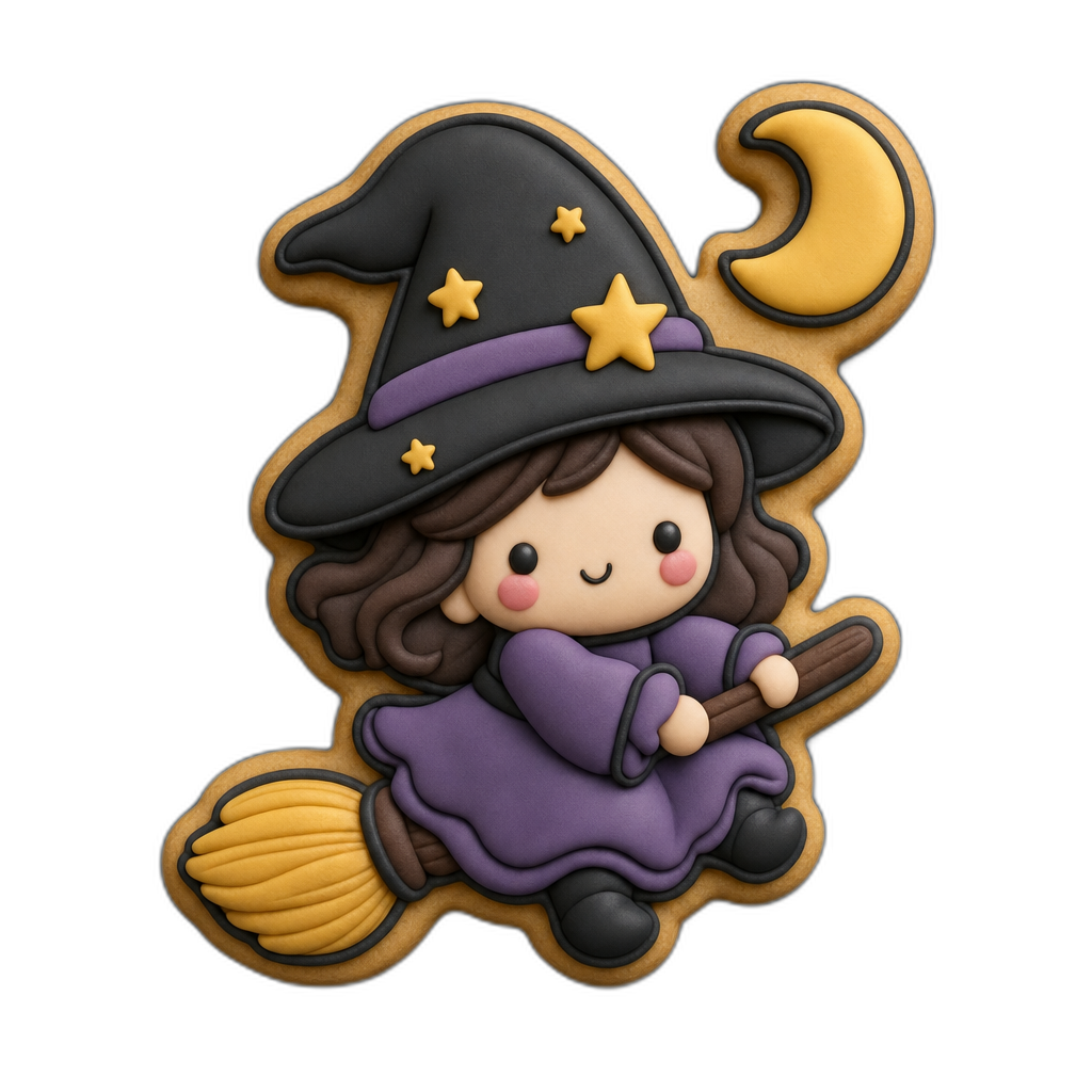 Witch on Broomstick cookie cutter, 3D-printed in pink PLA